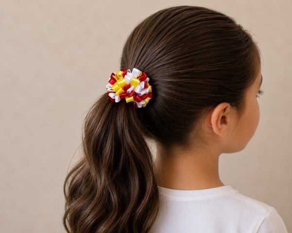 Red, yellow and white handmade pom pom ribbon hair bow on a brunette ponytail, viewed from the back in soft natural lighting.