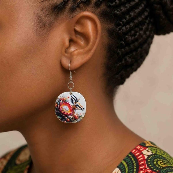 Handmade Springbok & Protea Dangle Earrings | Hypoallergenic Hooks picture