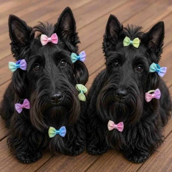 Black Scottish Terrier dogs wearing pastel pink, mint green, blue and lavender grooming bows on ears, topknots and beards, sitting on wood deck.