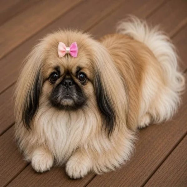 Small fluffy dog with a pink grooming bow resting on a wooden deck, featuring a cream coat, dark face markings and expressive eyes.
