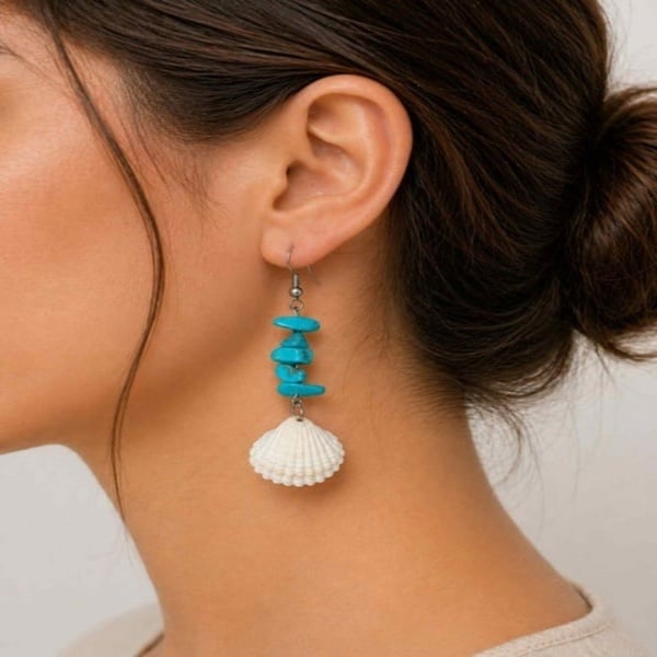 Turquoise Stone & White Seashell Dangle Earrings | Handmade Coastal Jewellery for Women picture