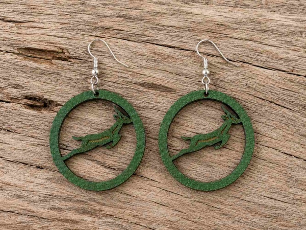 Handmade SA Springbok Rugby green hoop earrings with hypoallergenic hooks displayed on rustic driftwood, top-view product photo.