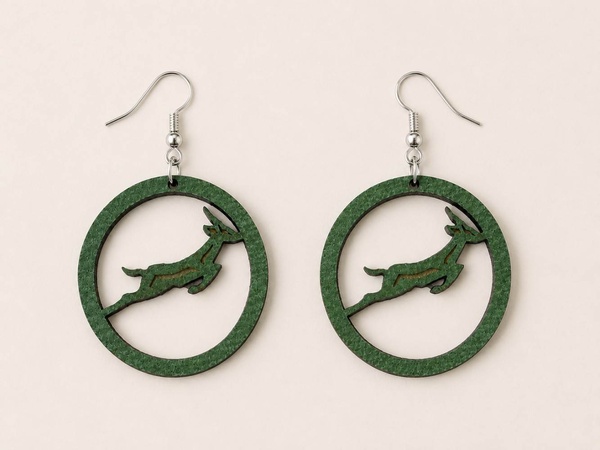 Handmade SA Springbok Rugby green hoop earrings with hypoallergenic hooks on a neutral beige background for stylish South African fans.