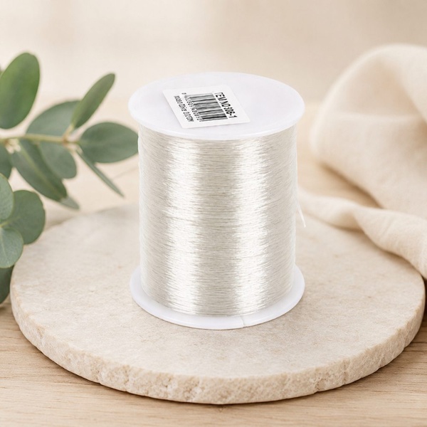 Clear stretch elastic beading cord spool displayed on a neutral stone pedestal with soft natural styling for jewellery making supplies.