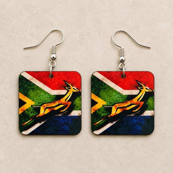 South African flag earrings with springbok design, square handmade dangle earrings on silver hooks, lightweight patriotic jewelry.