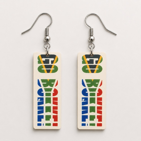South African rugby themed rectangular dangle earrings with nickel hooks in green, gold, blue, red and white on a neutral background.