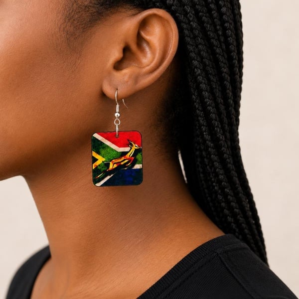 South African Springbok Rugby Wooden Drop Earrings with Hypoallergenic Hooks for Fans picture