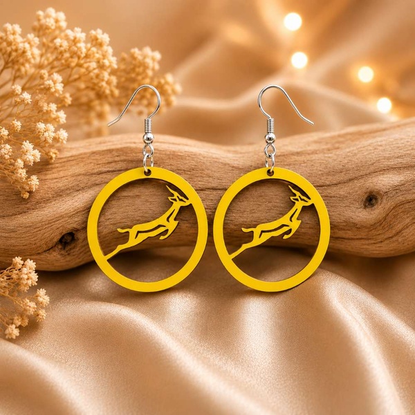 Yellow Springbok rugby earrings on driftwood with hypoallergenic hooks, lightweight handmade South African fan jewellery.