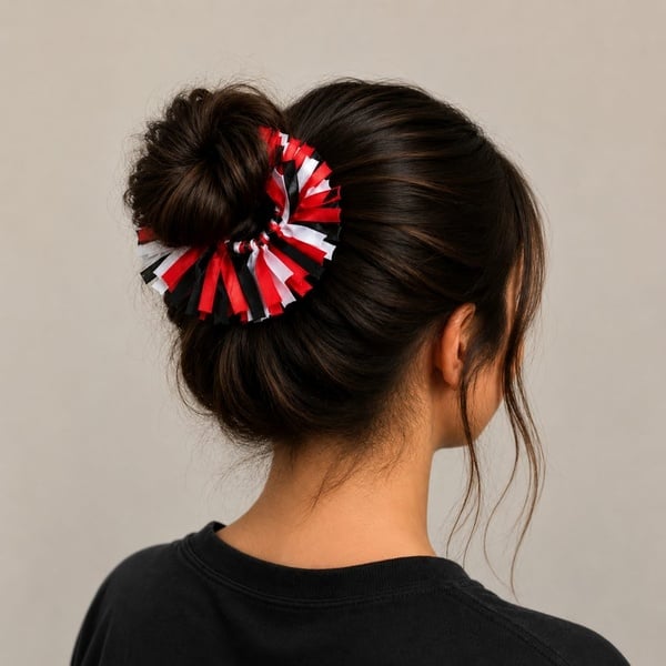 Handmade Red Black and White Twirly Hair Scrunchie for Buns | Ribbon Hair Accessory for Women picture