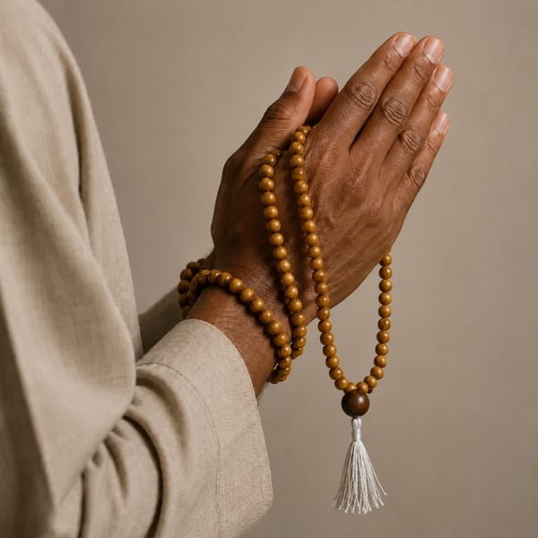 Man holding wooden prayer beads in praying hands, side view with no face visible, neutral beige background and tassel detail.
