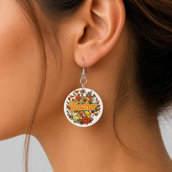 Teacher Floral Round Drop Earrings | Handmade Lightweight MDF Gift for Teachers Appreciation picture