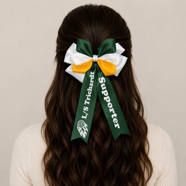 Custom Supporter Hair Bow Green White Yellow School Spirit Ribbon Ponytail Accessory picture