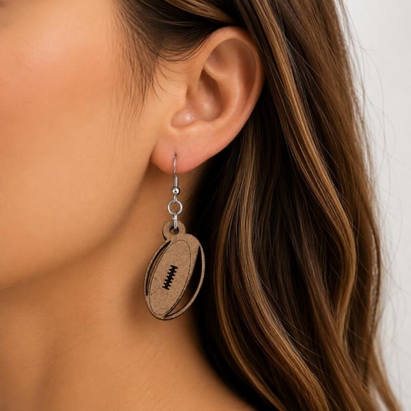 Woman wearing handmade wooden rugby ball drop earrings with stainless steel hooks, lightweight sports jewelry for rugby supporters.