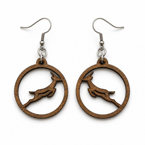 Handmade wooden Springbok rugby earrings with stainless steel hooks, displayed on a neutral background for stylish South African fan wear.