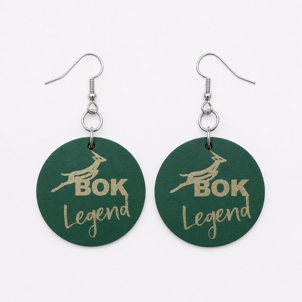 Green round Bok Legend dangle earrings with silver hooks featuring a springbok design and gold lettering on a clean white background.