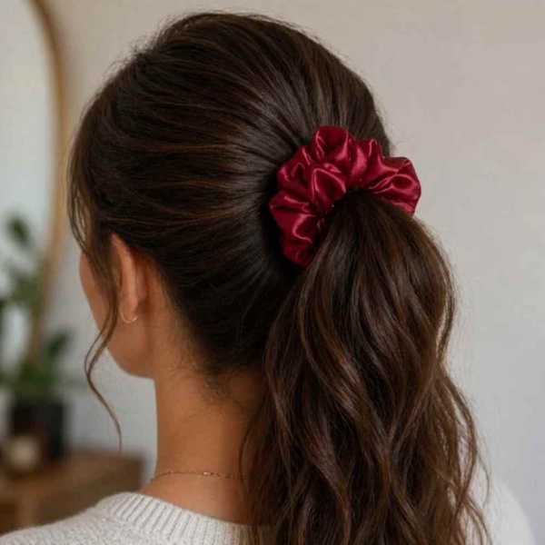 Back view of a woman with dark brown hair in a ponytail, secured with a red satin scrunchie, set against a soft, neutral indoor background.