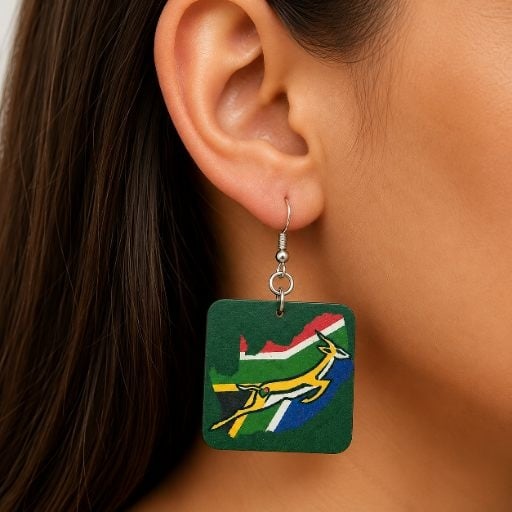 Close-up of handmade Springbok South Africa flag square dangle earring worn on a woman's ear with silver hook and neutral background.