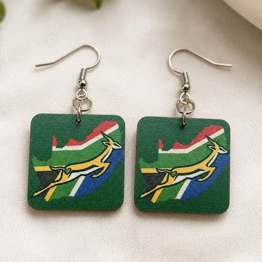 South Africa map and springbok flag square dangle earrings with silver hooks on a soft neutral background, handmade lightweight design.
