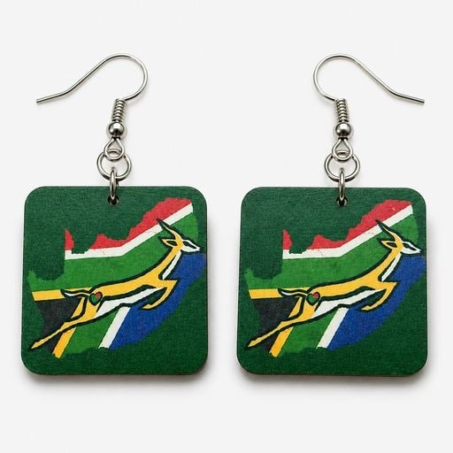 Handmade South Africa flag earrings with springbok-inspired design on square green wooden dangles and silver hooks, front view.