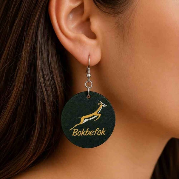 Springbok Rugby Bokbefok Round Dangle Earrings | Handmade South African Fan Jewelry Gift Set picture
