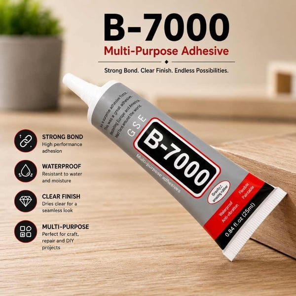 B-7000 25ml multi-purpose adhesive glue tube with strong flexible waterproof clear bond displayed on a wooden surface for product showcase.