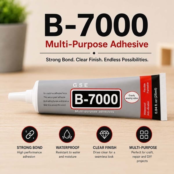B-7000 25ml multi-purpose adhesive glue tube with strong flexible waterproof clear bond displayed on a wooden surface for product showcase.