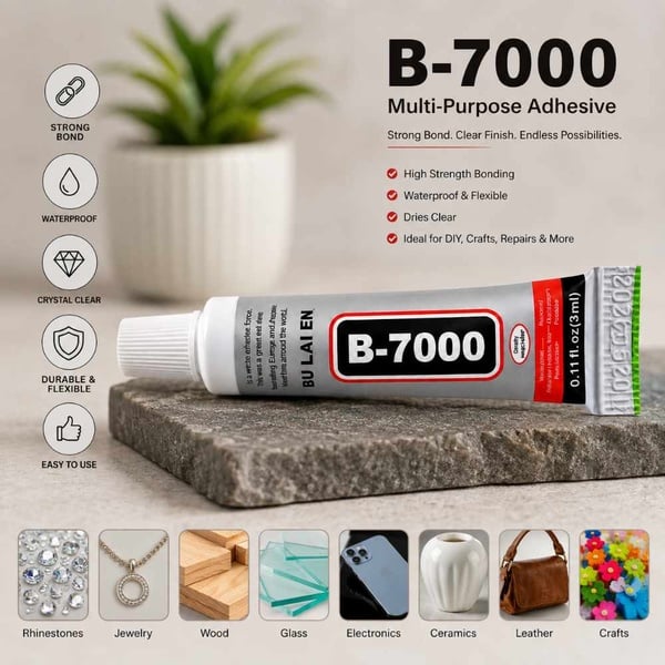 B-7000 multi-purpose adhesive tube on a stone display with clean neutral background, showcasing strong, clear bonding for DIY repairs.