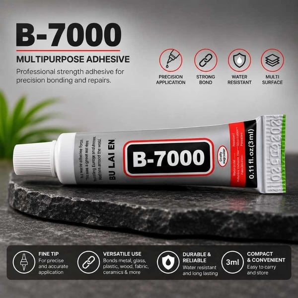 B-7000 multipurpose adhesive 3ml tube on dark stone surface with precision tip, strong bond, water-resistant repair glue display.