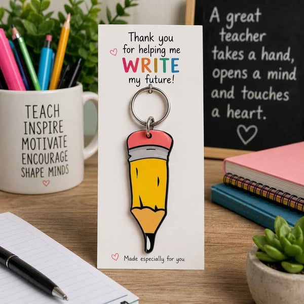 Teacher appreciation pencil keyring on display card with classroom desk, mug, notebooks and chalkboard, thoughtful thank-you gift. idea