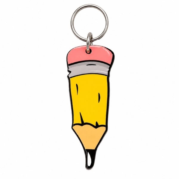 Close-up of a personalized pencil MDF keyring with silver key ring on a clean white background, ideal for teachers and students.