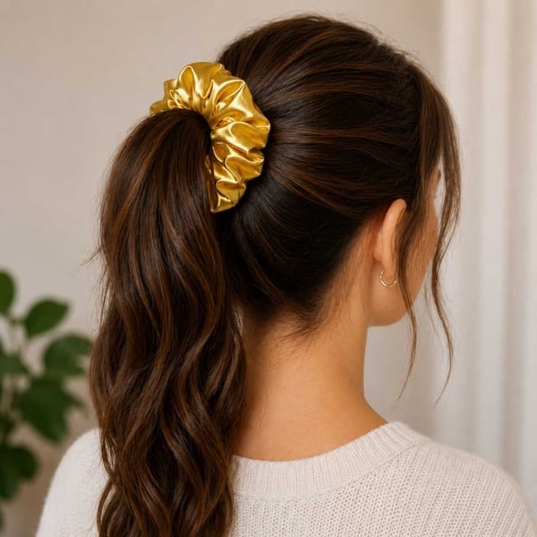 Yellow satin hair scrunchie securing a brunette ponytail, soft luxury fabric hair accessory for women and girls on a neutral background.