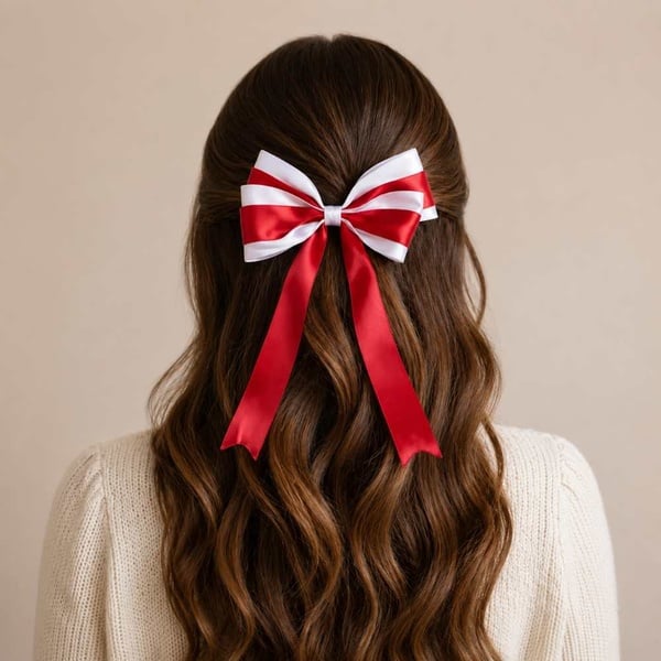 Handmade red and white satin ribbon hair bow with long tails worn in brown hair, elegant girls and women's hair accessory.
