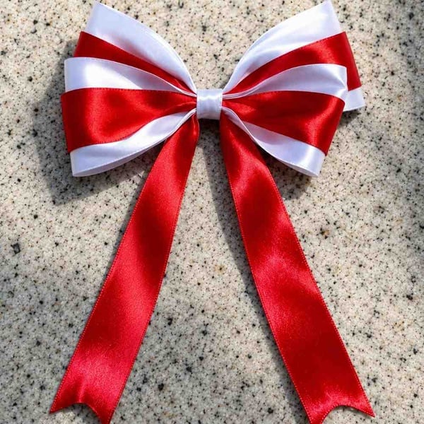 Red and white satin streamer hair bow with long ribbon tails, product-focused on a neutral stone background, ideal for girls' accessories.