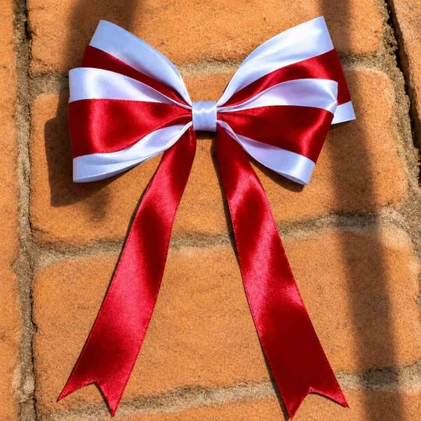 Red and white satin ribbon hair bow with long tails, product-focused close-up on a rustic brick background in natural sunlight.