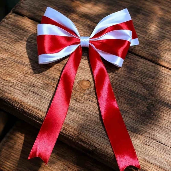 Red and white satin ribbon hair bow with long tails on a rustic wooden surface, close-up product image with natural light and no logo.