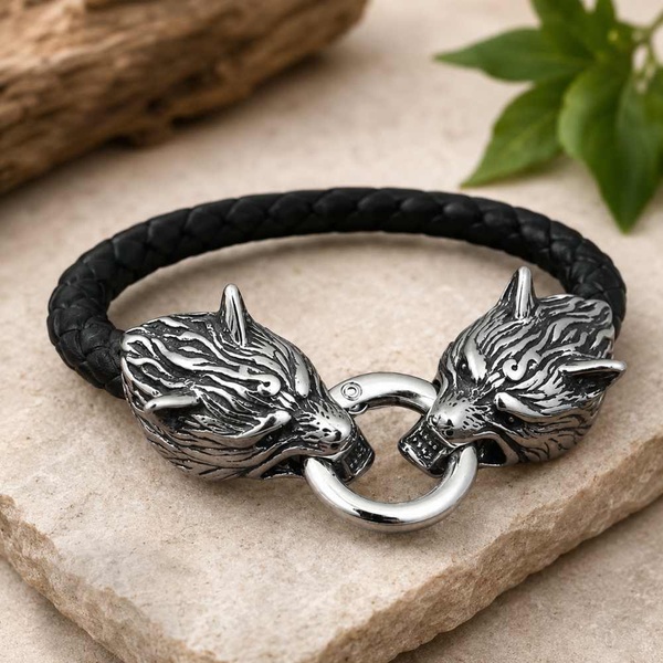 Black braided leather bracelet with detailed silver wolf head clasp on a neutral stone surface, showcased in elegant natural light.