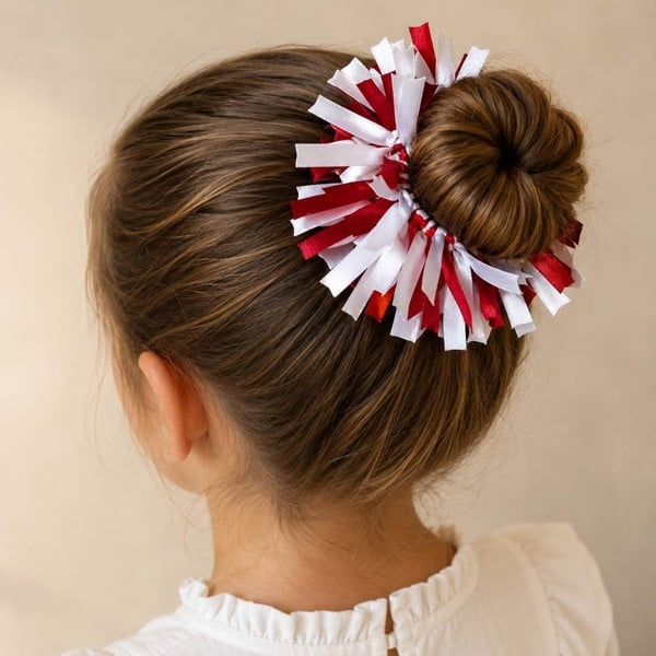 Girl wearing a handmade maroon and white ribbon hair bun scrunchie viewed from behind, showcasing a neat bun and satin ribbon detail.