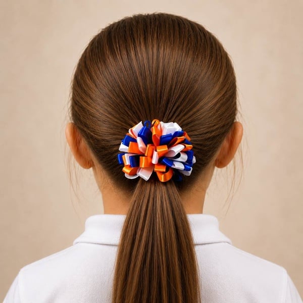 Girl viewed from behind wearing a handmade orange blue and white satin loop ponytail hair bow on a white elastic, school ready.
