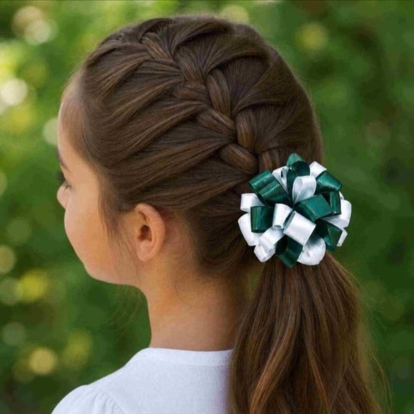 Girl wearing a bottle green and white layered ribbon hair bow on a ponytail with a French braid, perfect for school and sports.