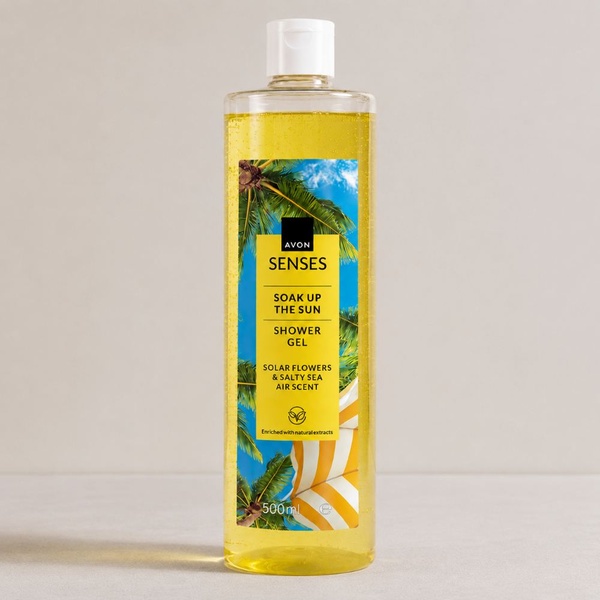 Avon Senses Soak Up the Sun Shower Gel 500ml on a neutral background with soft lighting, highlighting the tropical fragrance.