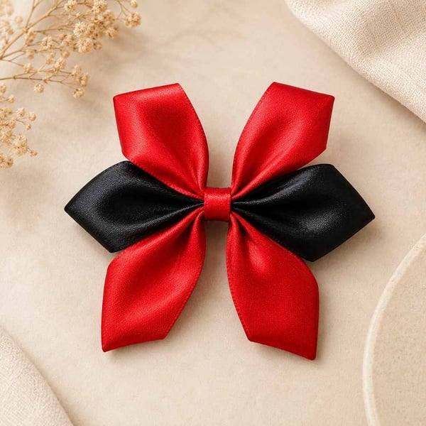 Red and black satin hair bow with a glossy finish, displayed on a warm neutral fabric background for elegant e-commerce product presentation.