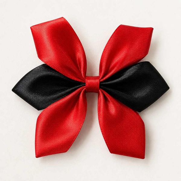 Red and black satin hair bow with four symmetrical loops and a matching center knot, displayed on a soft neutral background.