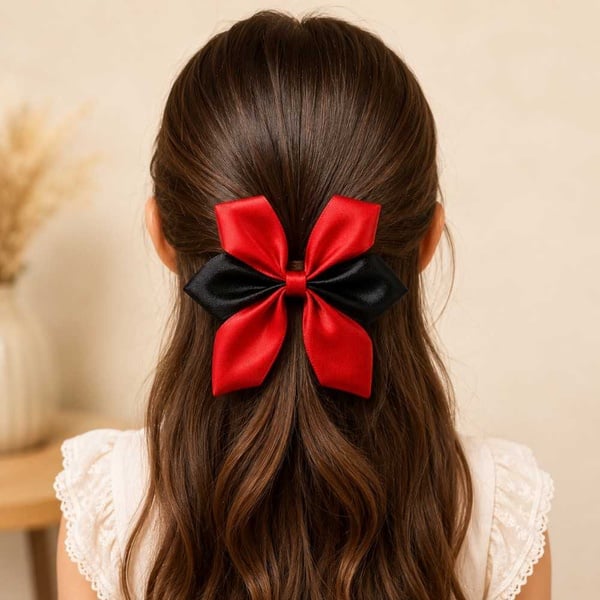 Handmade red and black satin hair bow on a girl's hair viewed from behind, perfect for school, parties and everyday wear.
