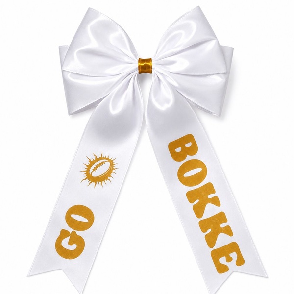 White satin supporter bow with gold centre wrap, gold "GO BOKKE" lettering and rugby ball graphic on long ribbon tails.
