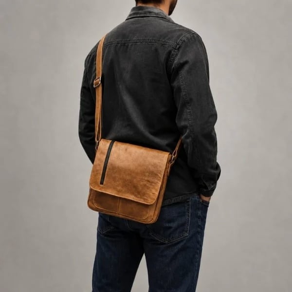 Man wearing a classic brown leather crossbody messenger bag over shoulder viewed from behind at an angle in casual outfit