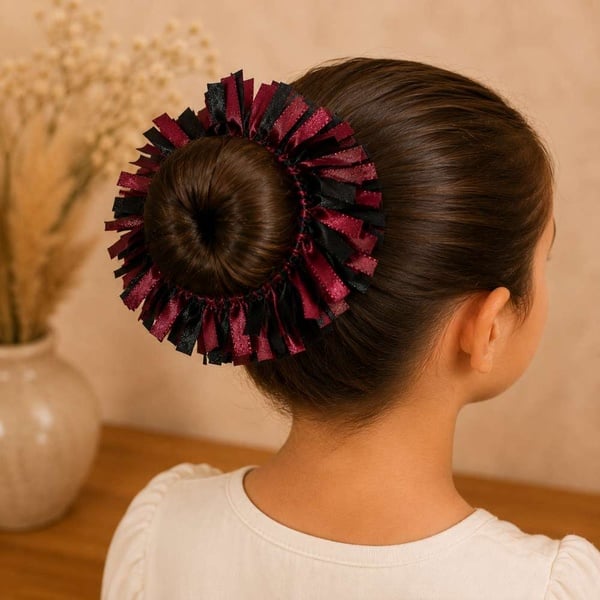 Handmade Maroon & Black Satin Elastic Hair Ribbon Bun Scrunchie | Premium Hair Accessory picture