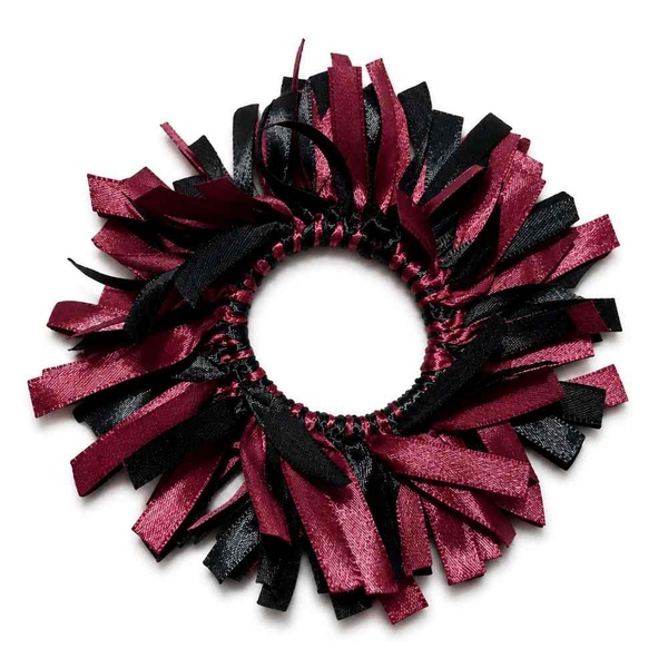 Maroon and black satin ribbon scrunchie hair accessory on a clean white background, professionally styled for online store display.
