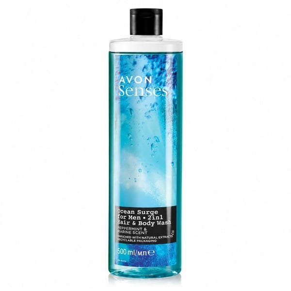 Avon Senses Ocean Surge 2-in-1 Hair & Body Wash 500ml bottle on a clean white background, product-focused for online store display.