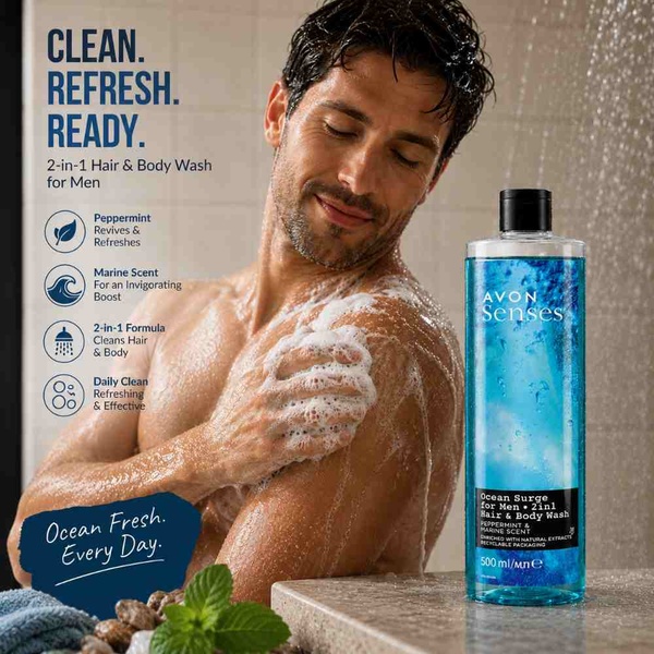 Man using Avon Senses Ocean Surge 2-in-1 Hair & Body Wash 500ml in shower with product bottle, fresh daily grooming display.