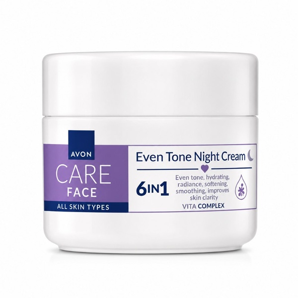 Avon Care Face Even Tone Night Cream 6-in-1 100ml moisturiser for all skin types in a clean white studio product display image.